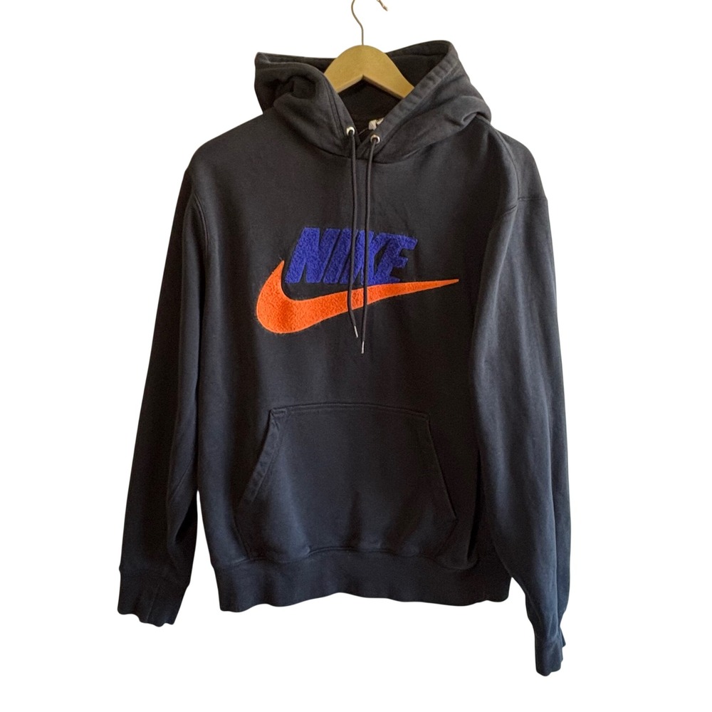 Nike Size Medium Black Blue Orange Club Fleece Pullover Hoodie Sporty Gym